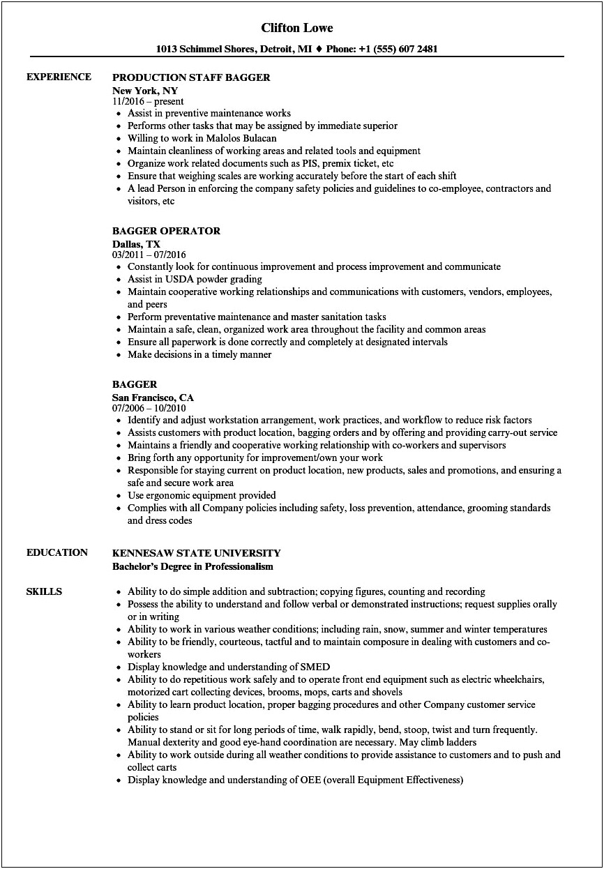 Sample Resume For Grocery Store Bagger