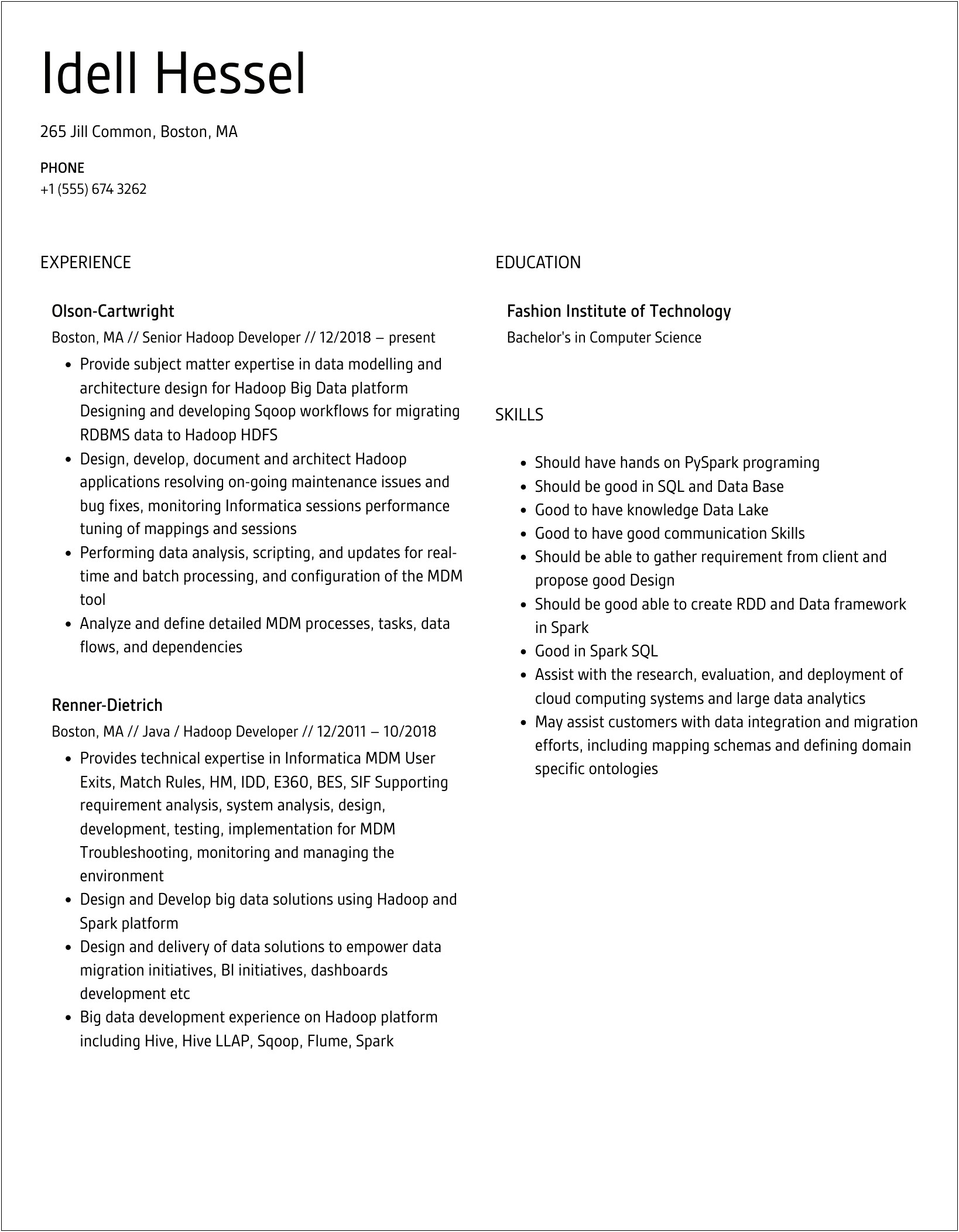 Sample Resume For Hadoop Developer On Sqoop