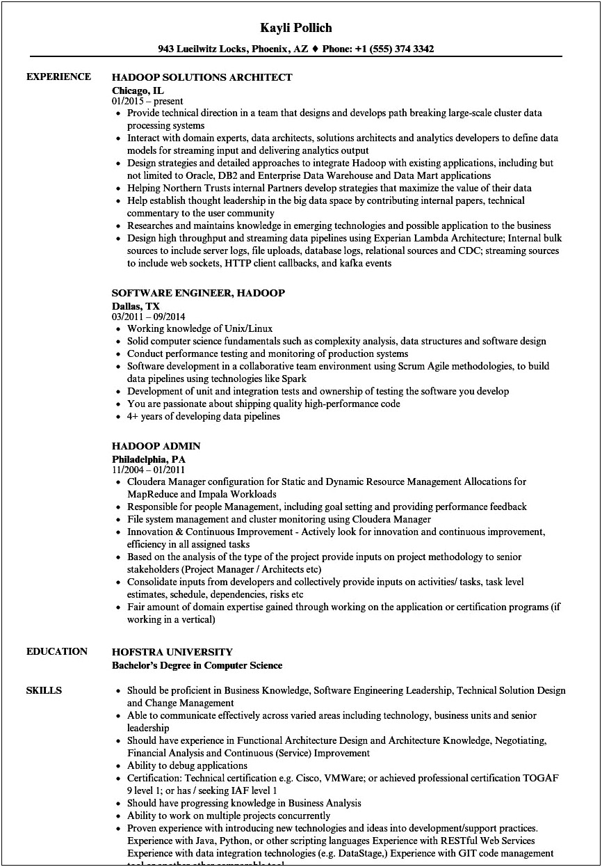 Sample Resume For Hadoop Developer With Net