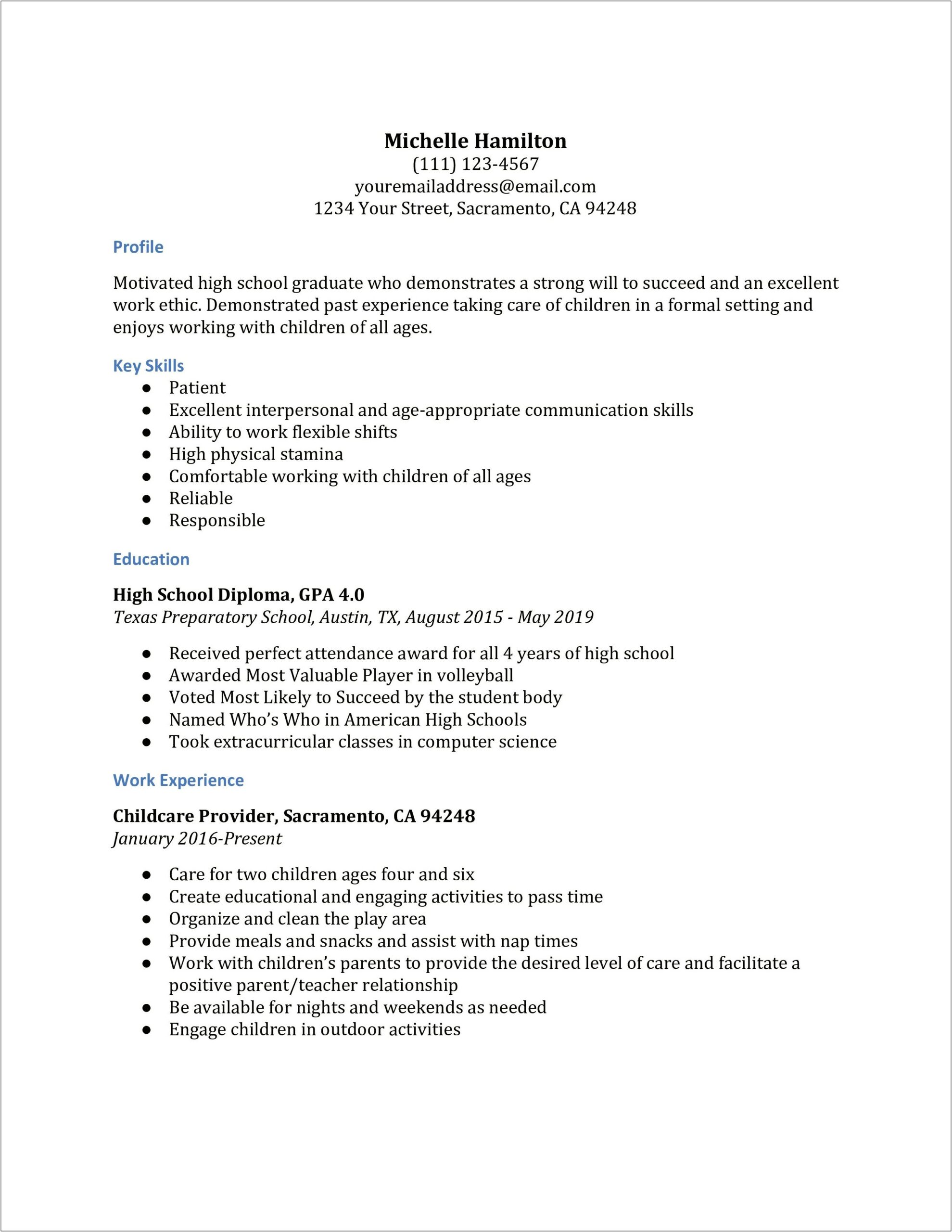 Sample Resume For Highschool Graduate In College