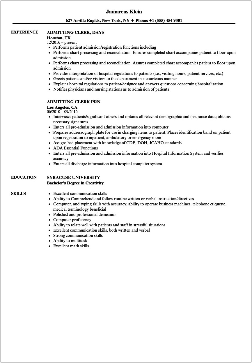 Sample Resume For Hospital Registration Clerk