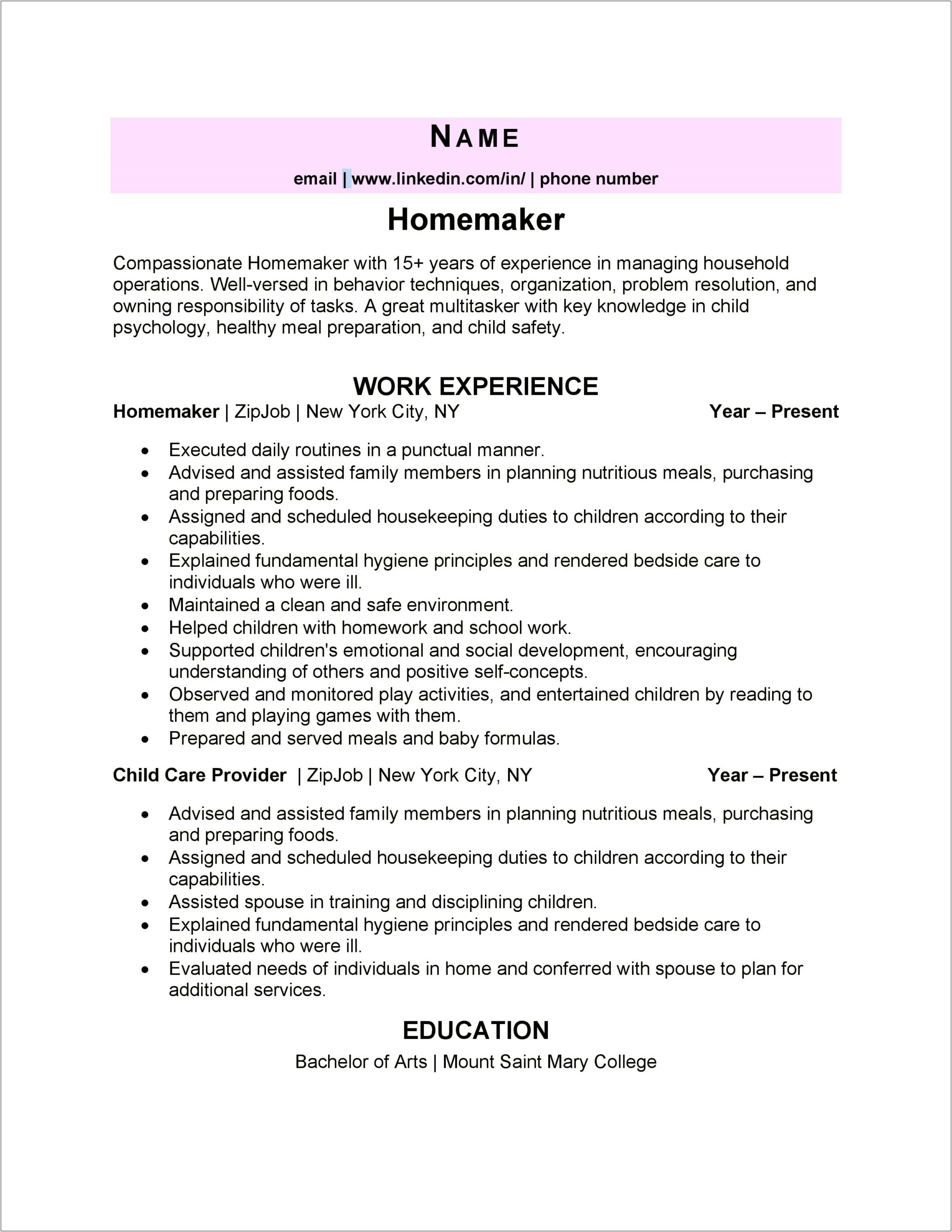 Sample Resume For House Wife Job Only