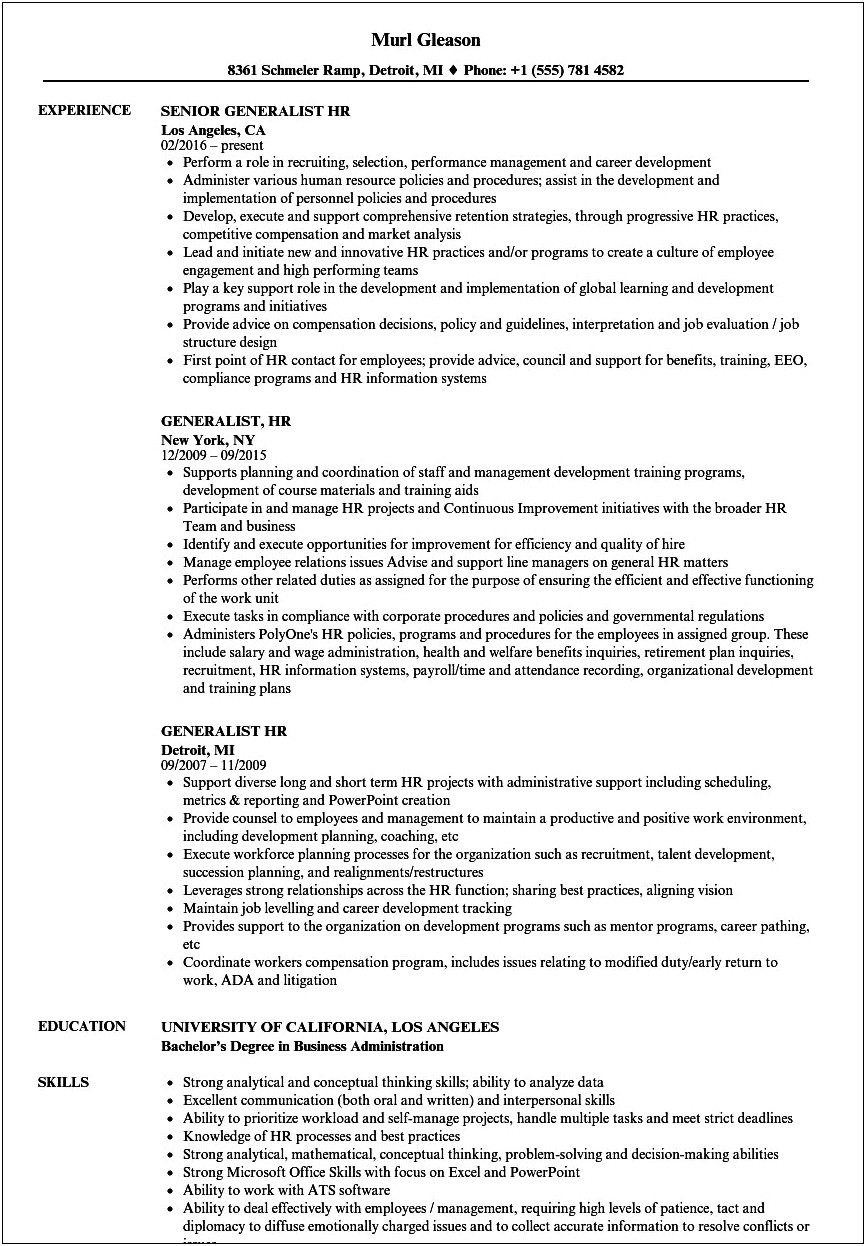 Sample Resume For Hr Generalist 2019