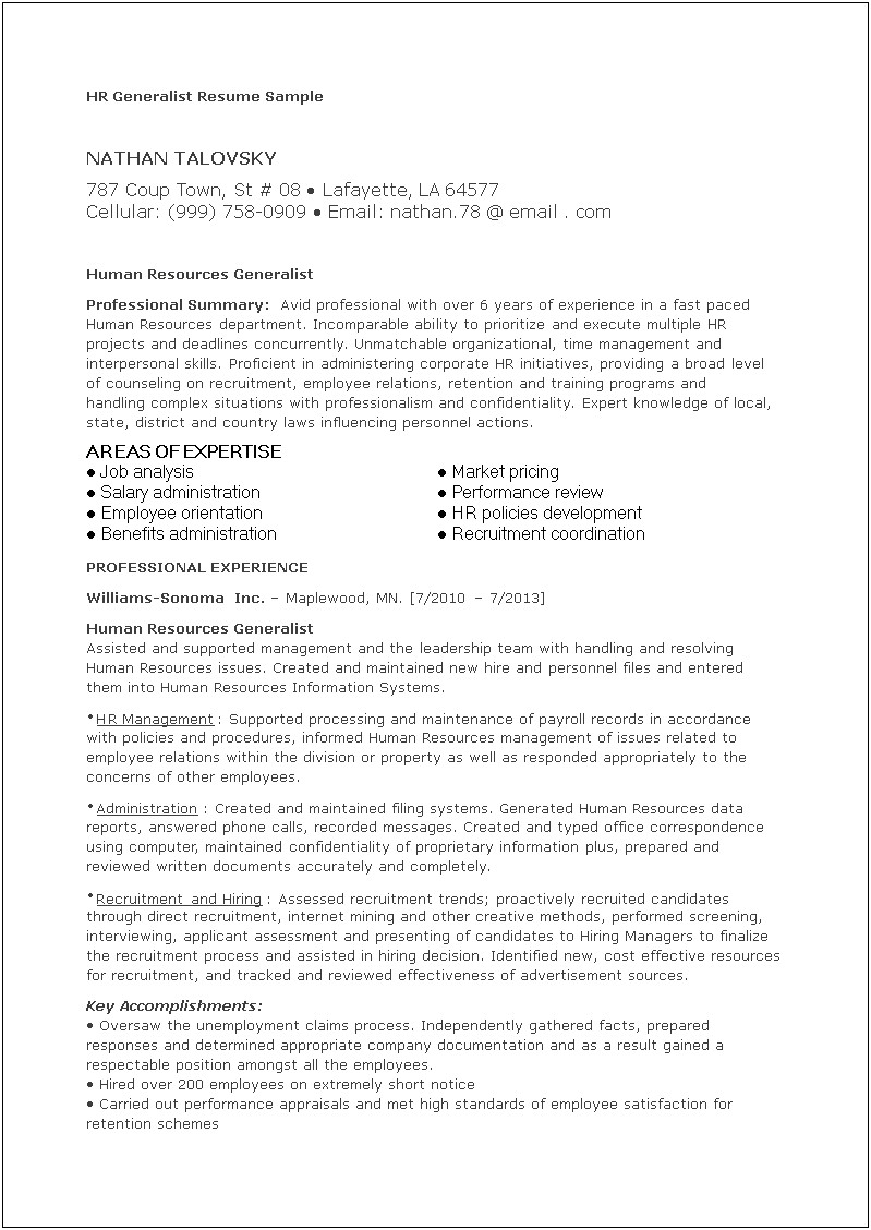 Sample Resume For Hr Generalist Position