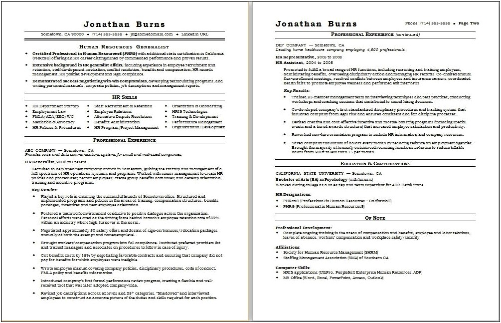 Sample Resume For Hr Generalist Profile