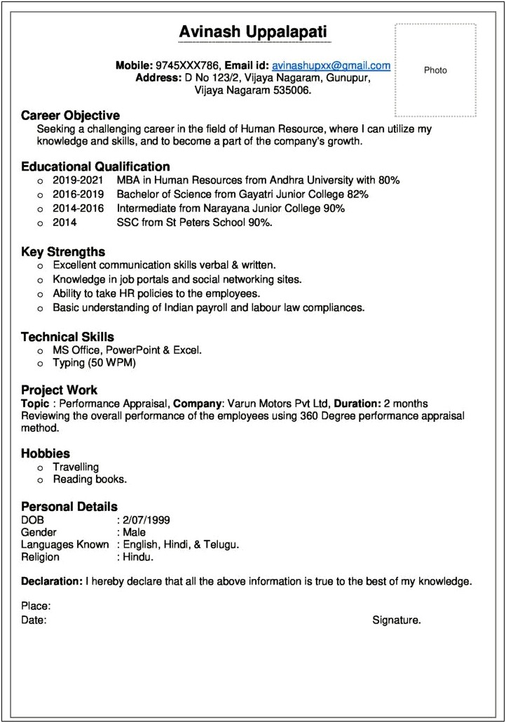 Sample Resume For Hr Job Experienced In India