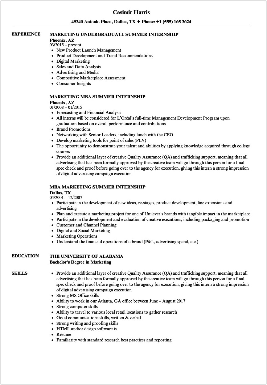 Sample Resume For Internship For College Students