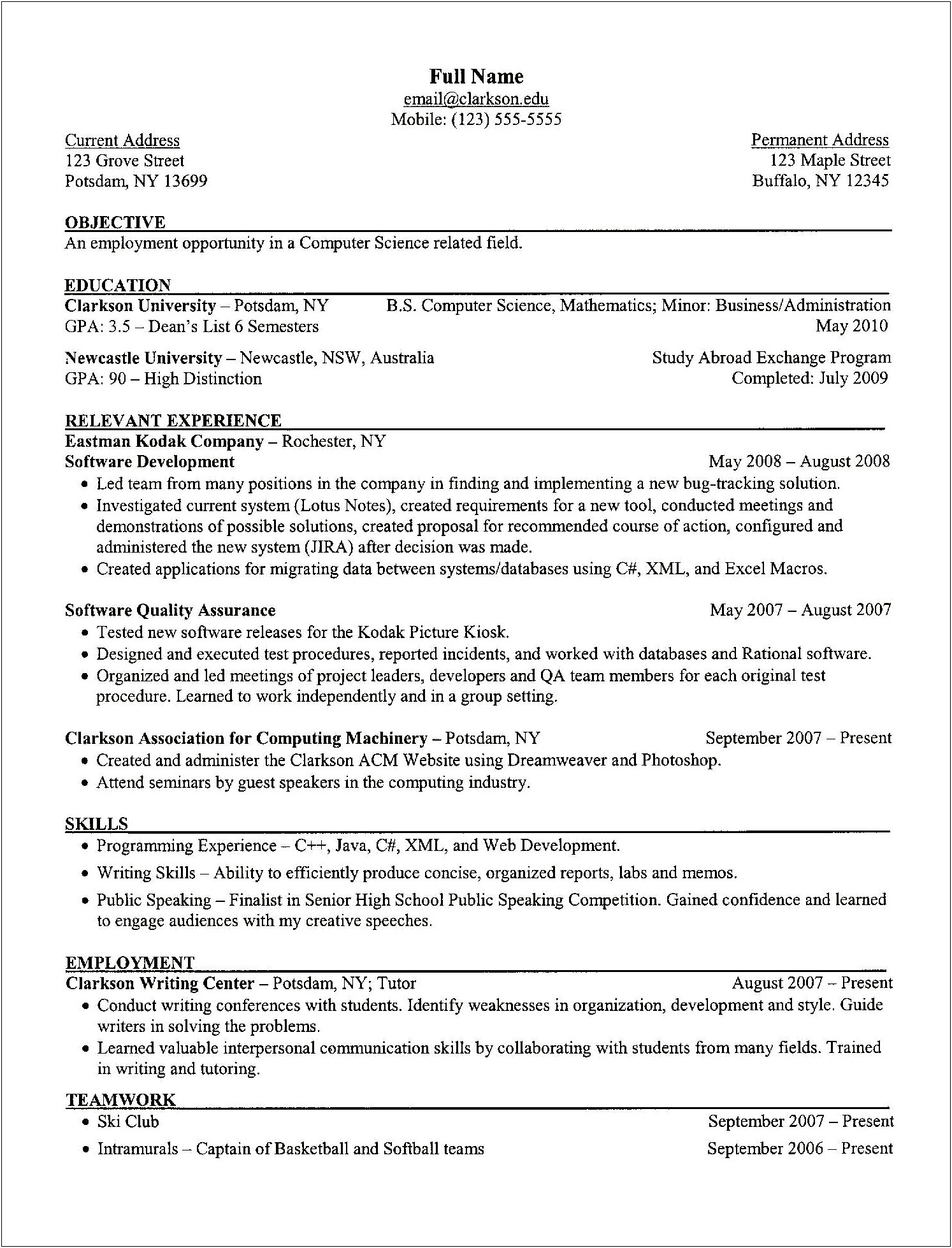 Sample Resume For Internship In Testing