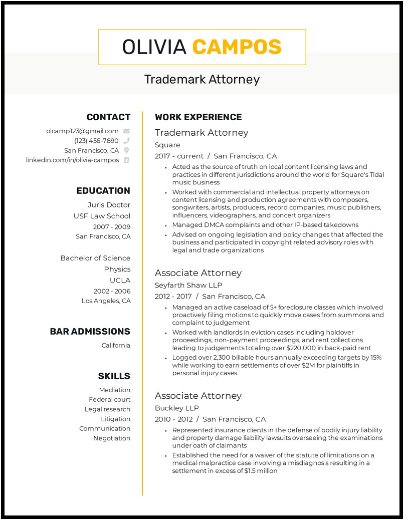 Sample Resume For Law Firm Partner