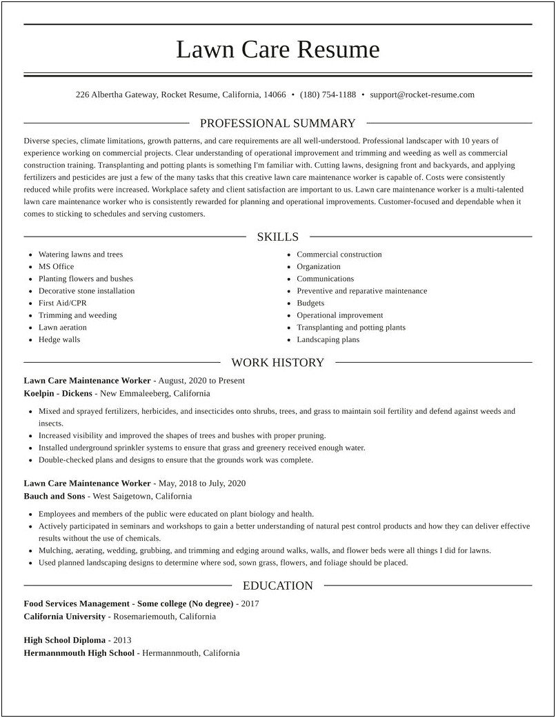 Sample Resume For Lawn Care Specialist