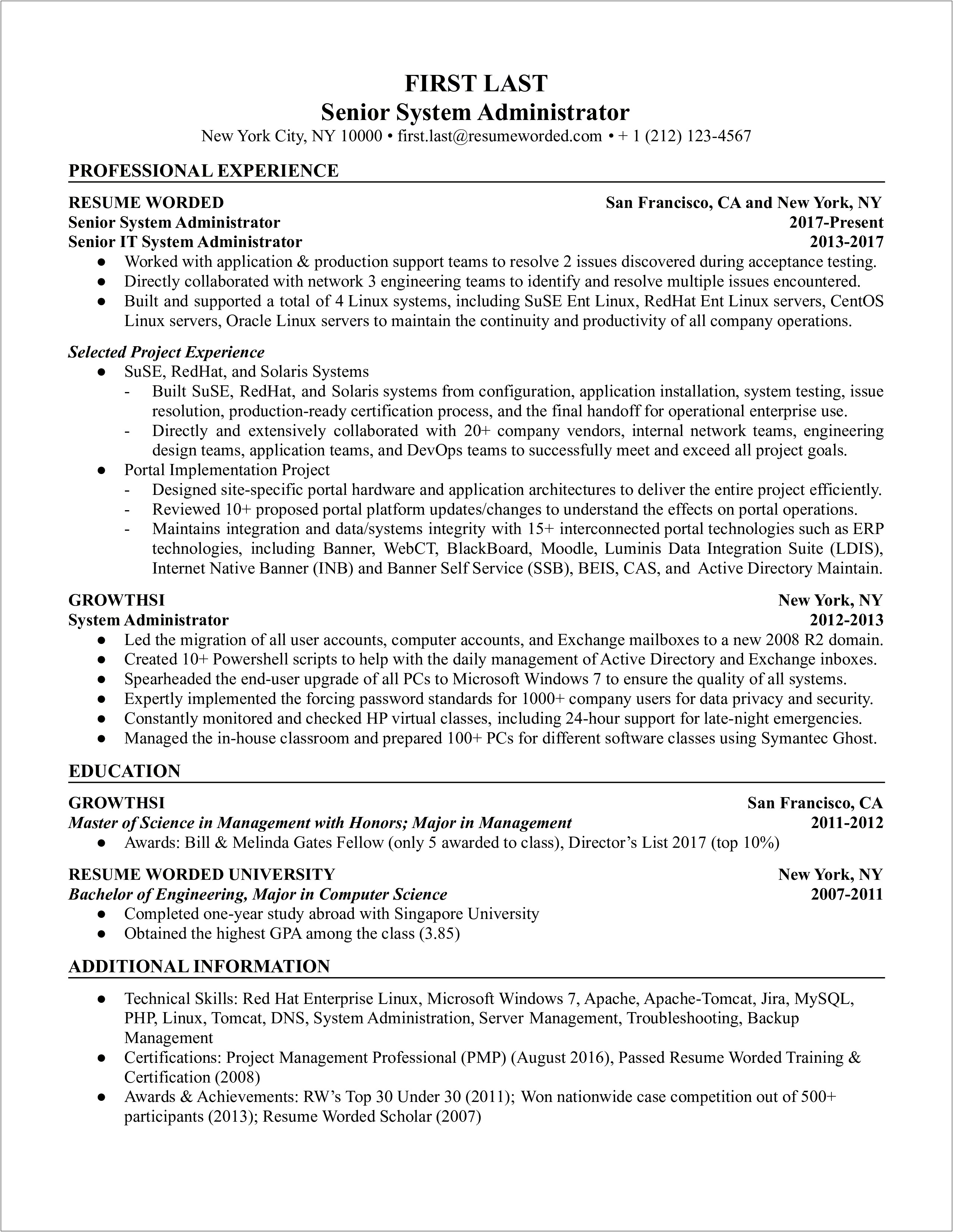 Sample Resume For Linux System Administrator Tech