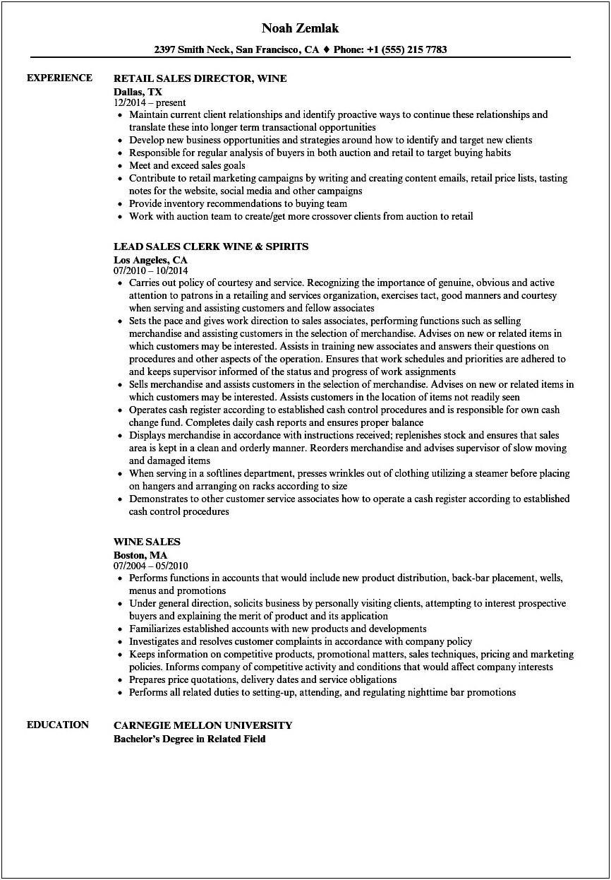 Sample Resume For Liquor Sales Representative