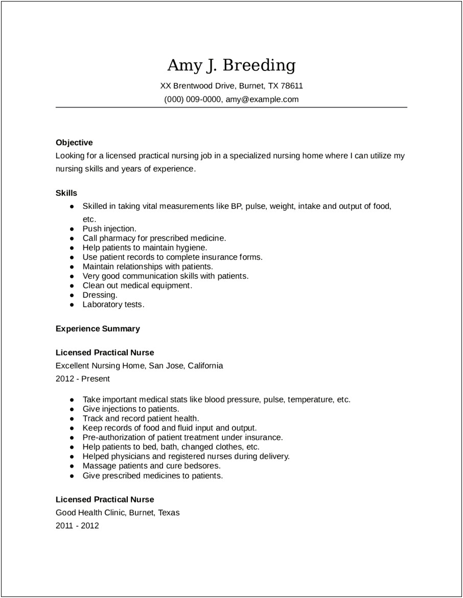 Sample Resume For Lpn With Objectives