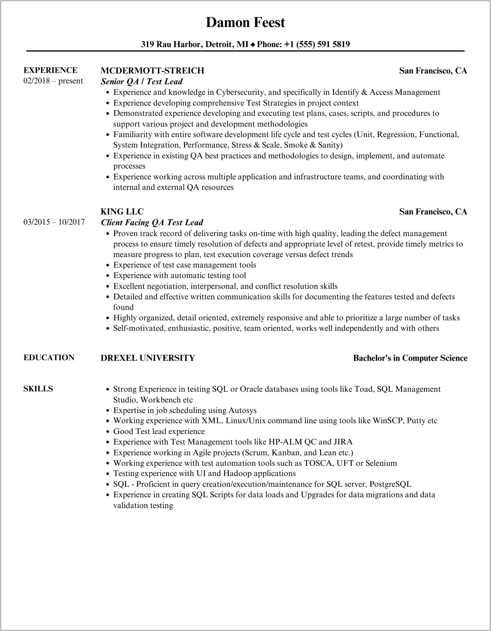 Sample Resume For Manual Test Lead