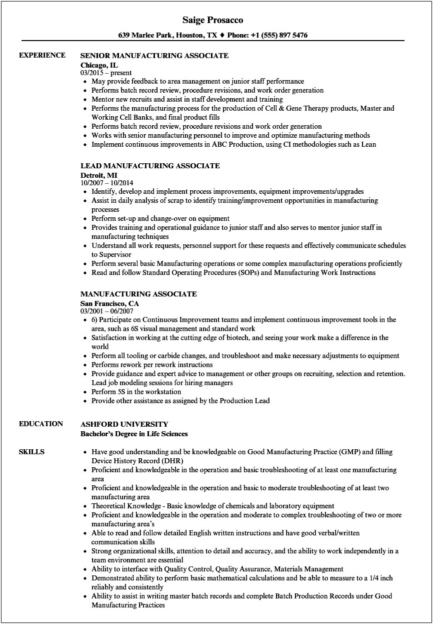 Sample Resume For Manufacturing Associate Biotech