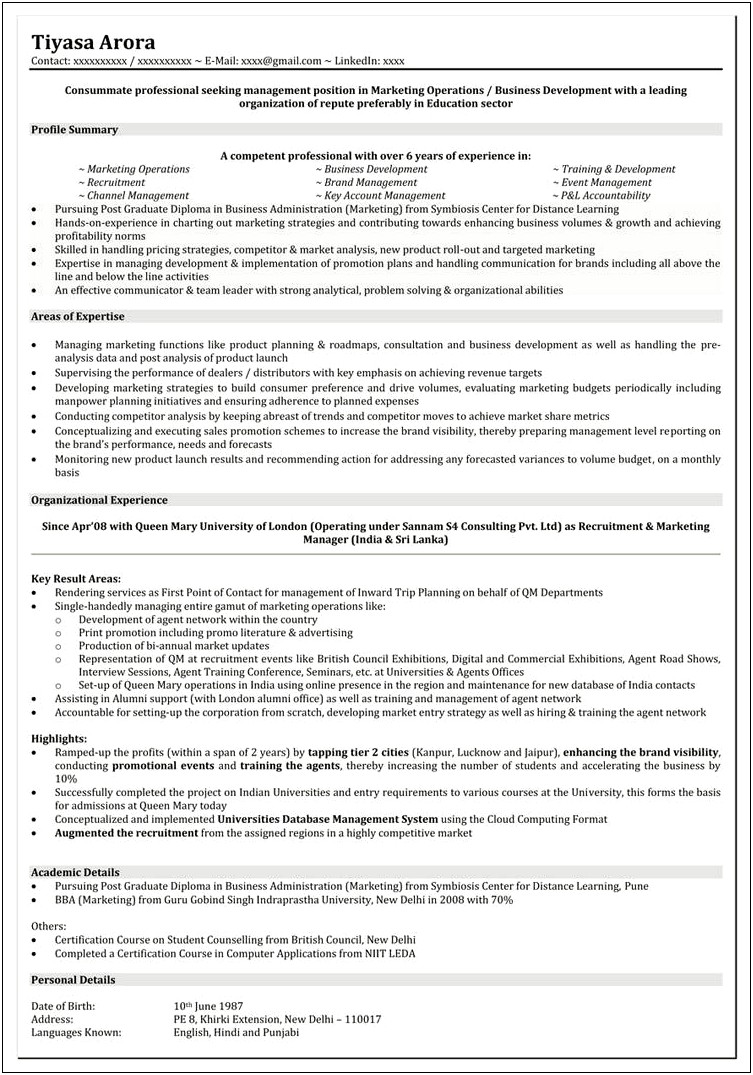 Sample Resume For Marketing Job In India