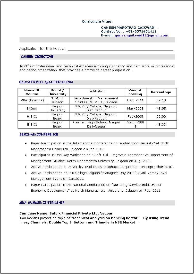 Sample Resume For Mba Freshers In Finance