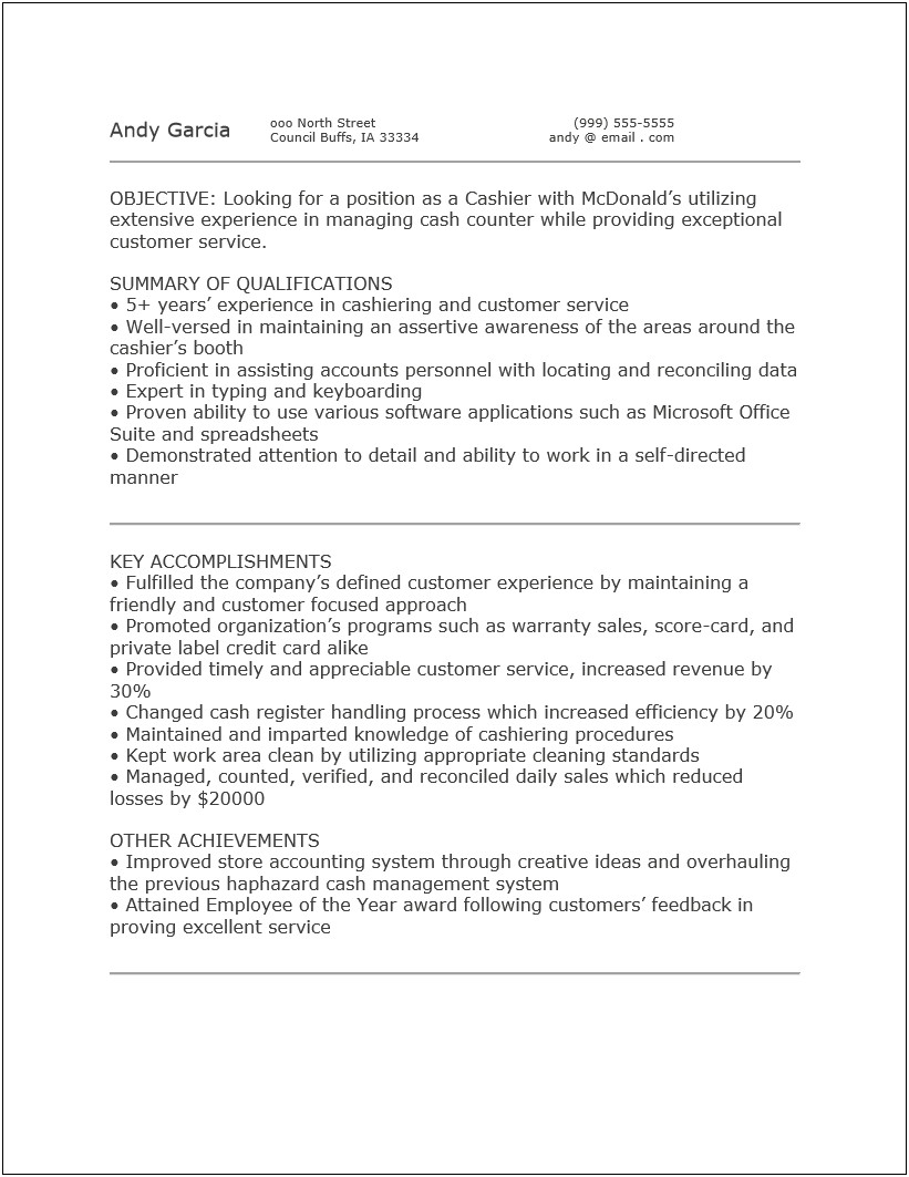 Sample Resume For Mcdonalds Crew Member