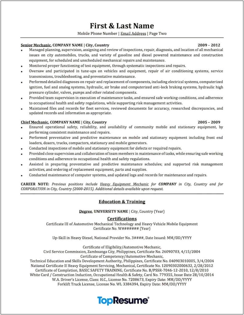 Sample Resume For Mechanical Maintenance Technician