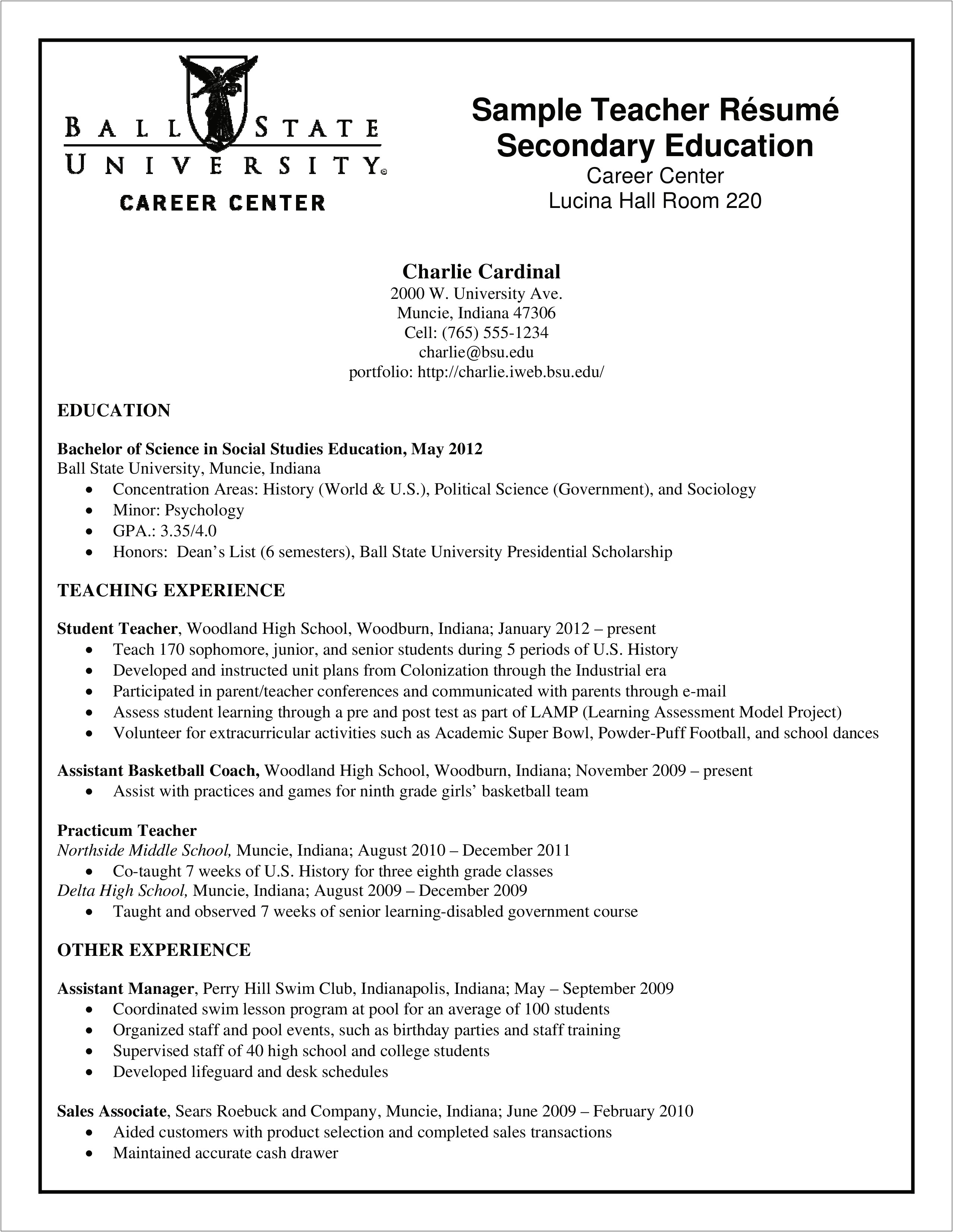 Sample Resume For Middle School Science Teacher