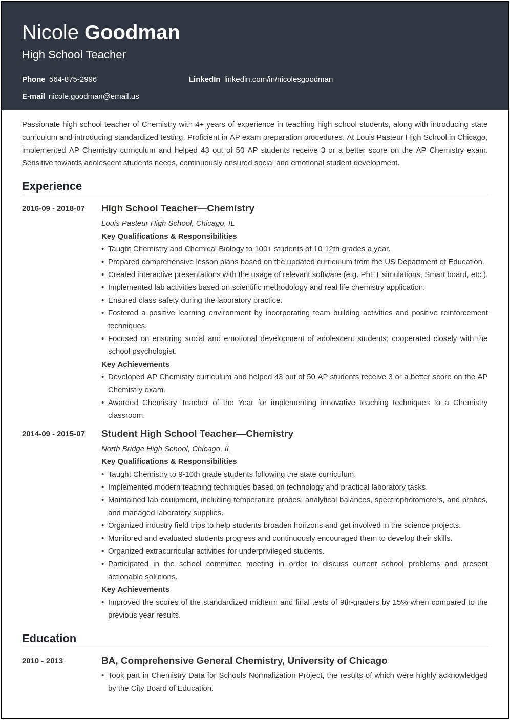Sample Resume For Middle School Science Teachers Pdf