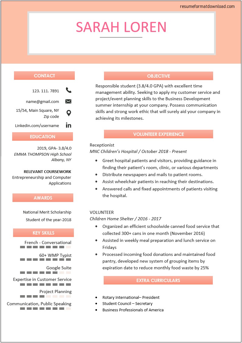 Sample Resume For Middle School Student