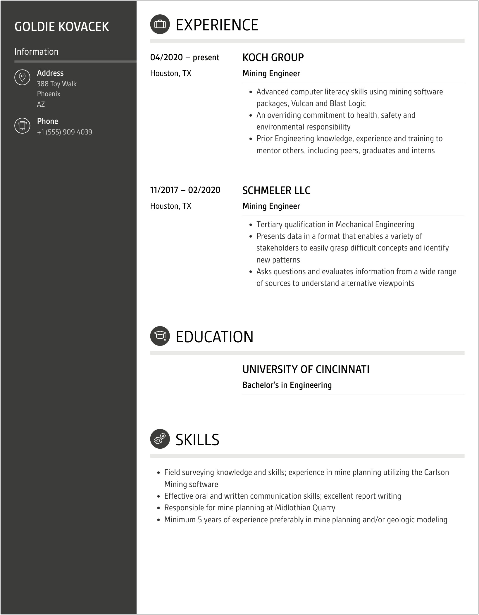 Sample Resume For Mining Planning Engineer