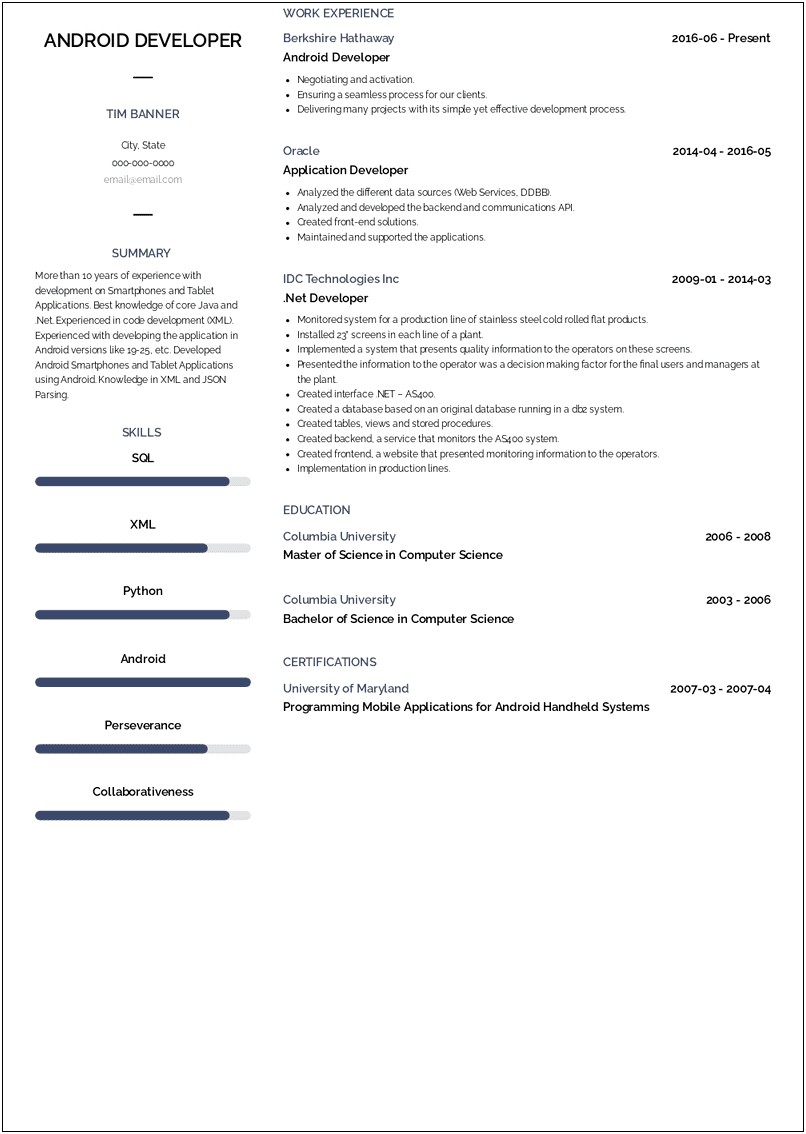 Sample Resume For Mobile Testing Android