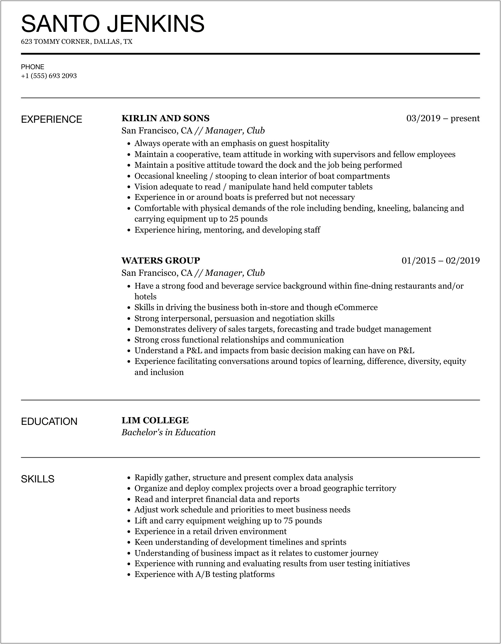 Sample Resume For Night Club Manager