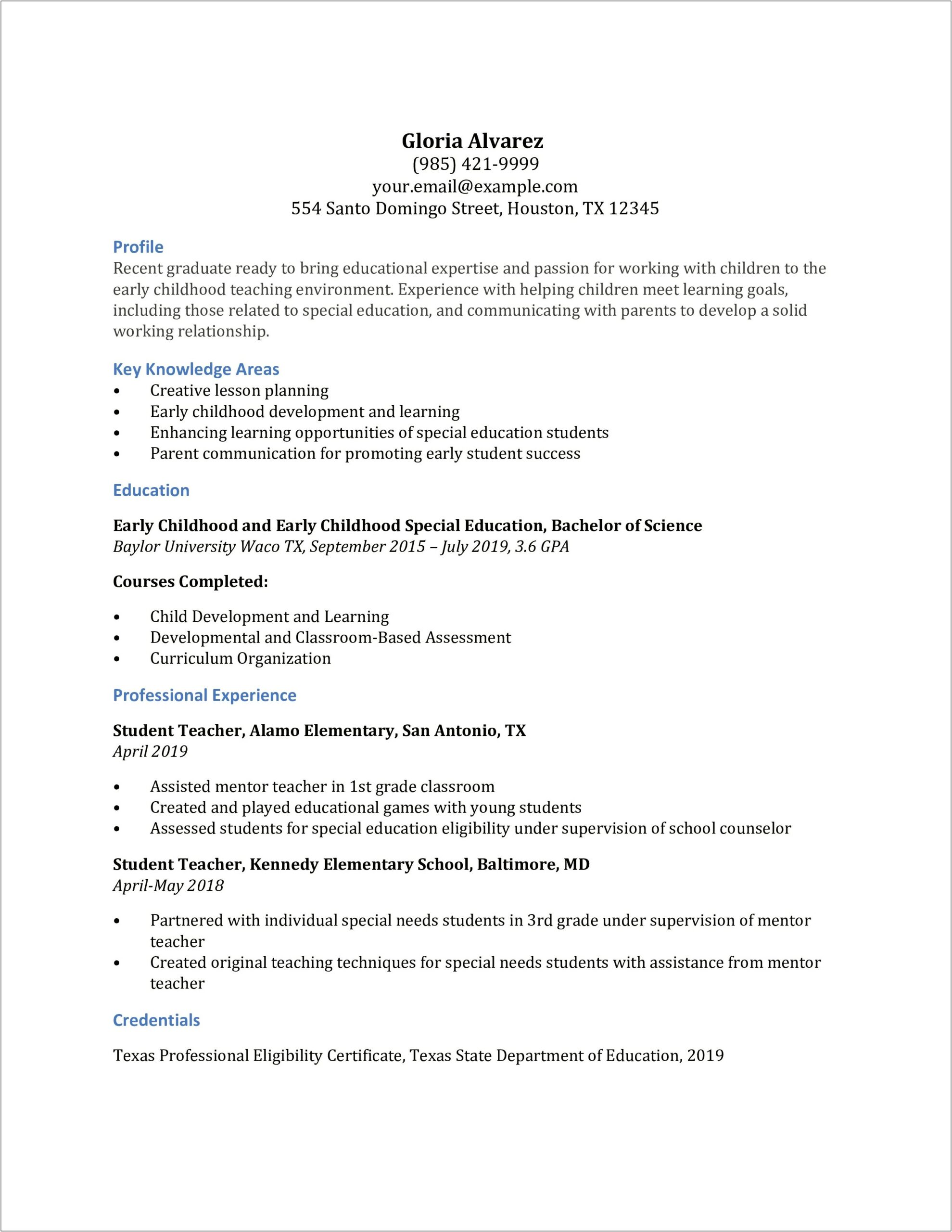 Sample Resume For No Experience Teacher