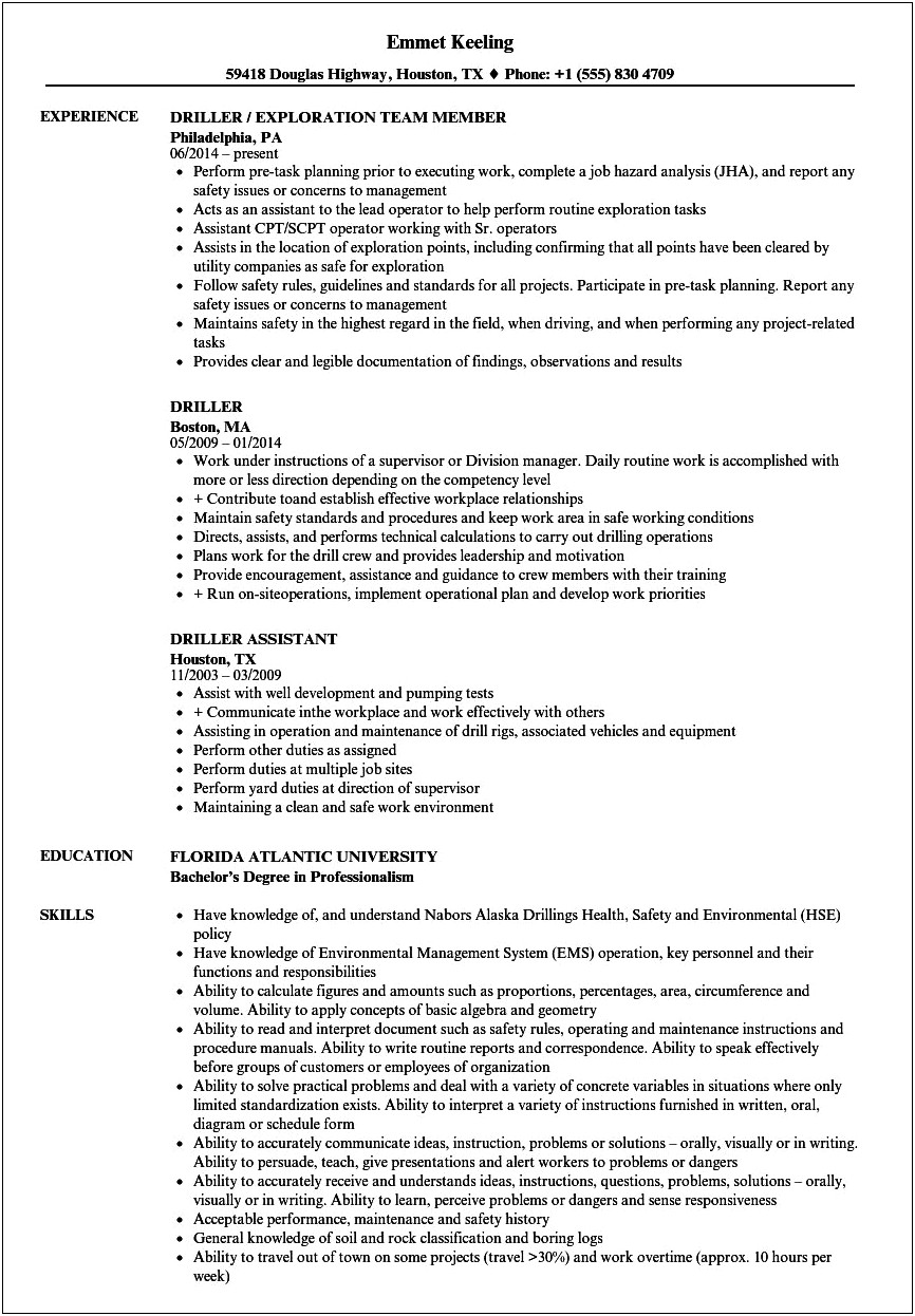 Sample Resume For Oil Rig Worker