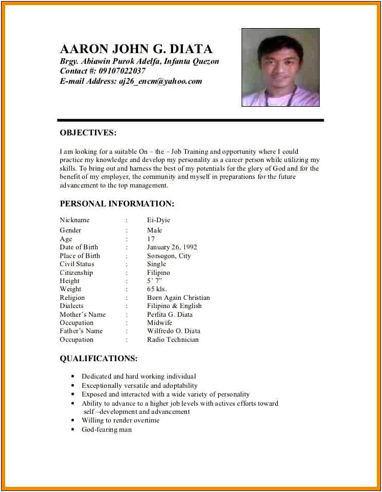 Sample Resume For Ojt Hrm Students