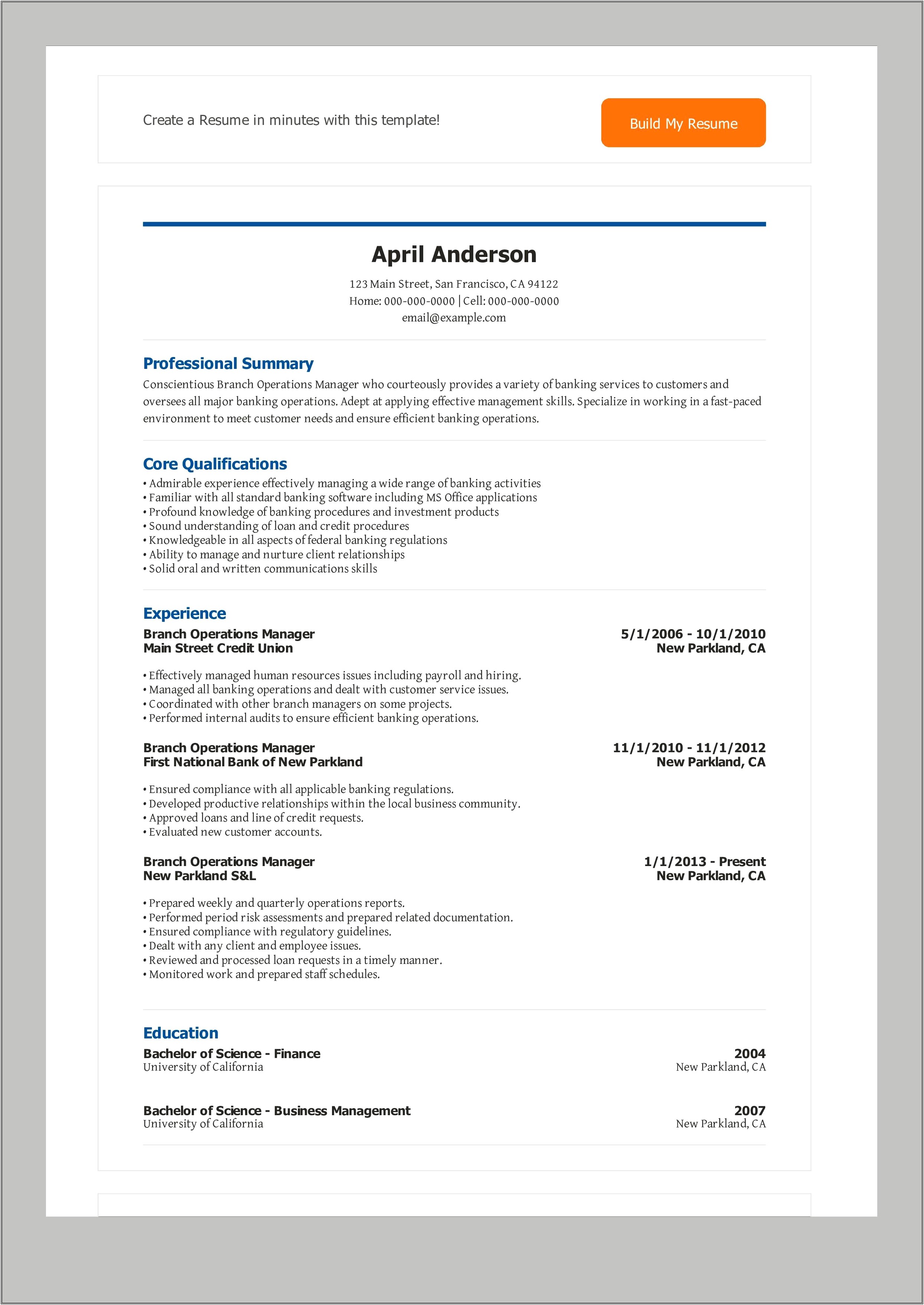 Sample Resume For Operations Manager In Banking