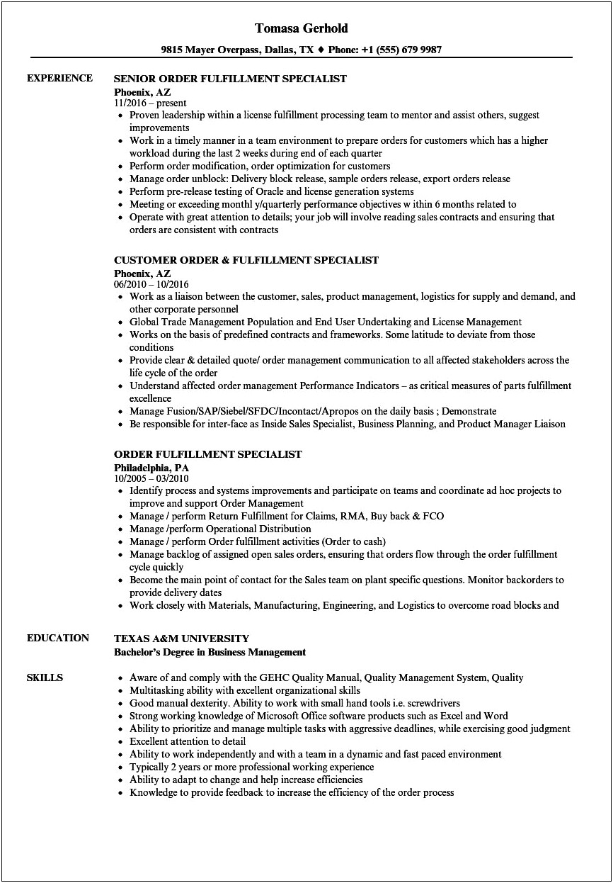 Sample Resume For Order Management Specialist