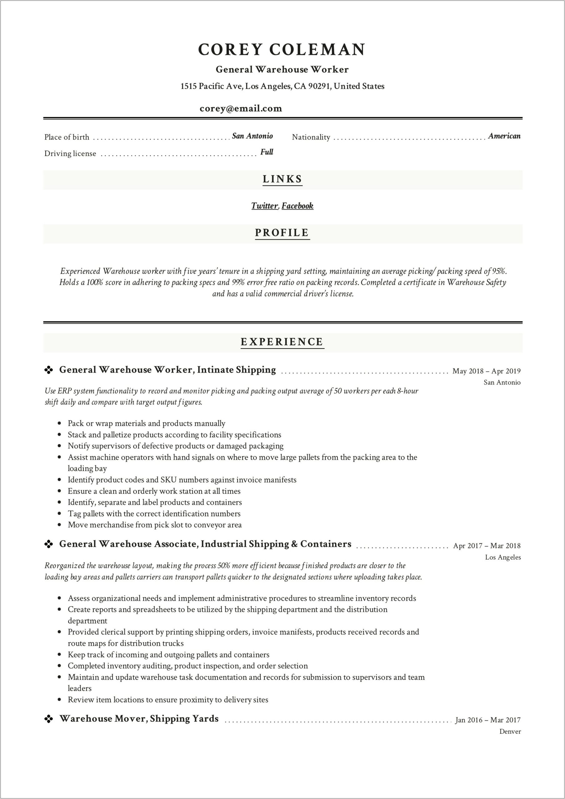 Sample Resume For Packing And Shipping