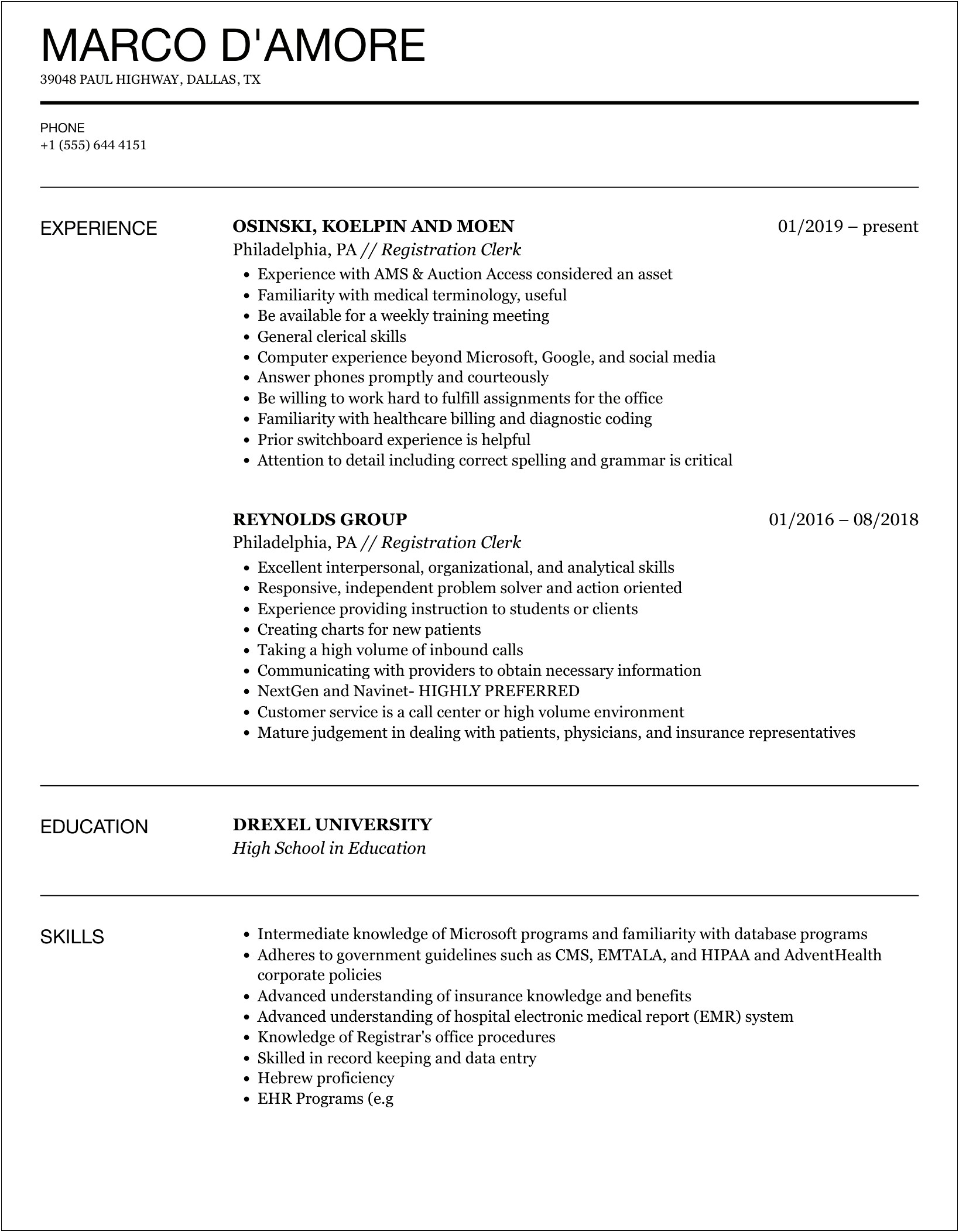 Sample Resume For Patient Registration Clerk