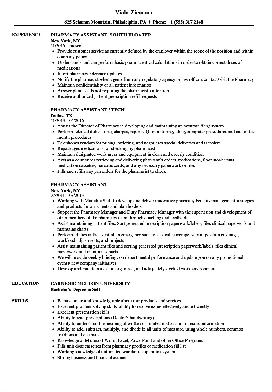 Sample Resume For Pharmacist In Canada