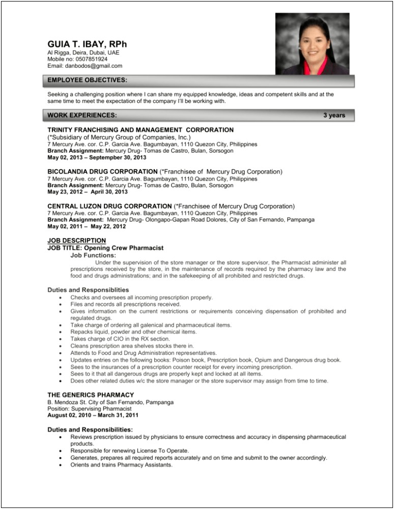 Sample Resume For Pharmacy Assistant In Philippines