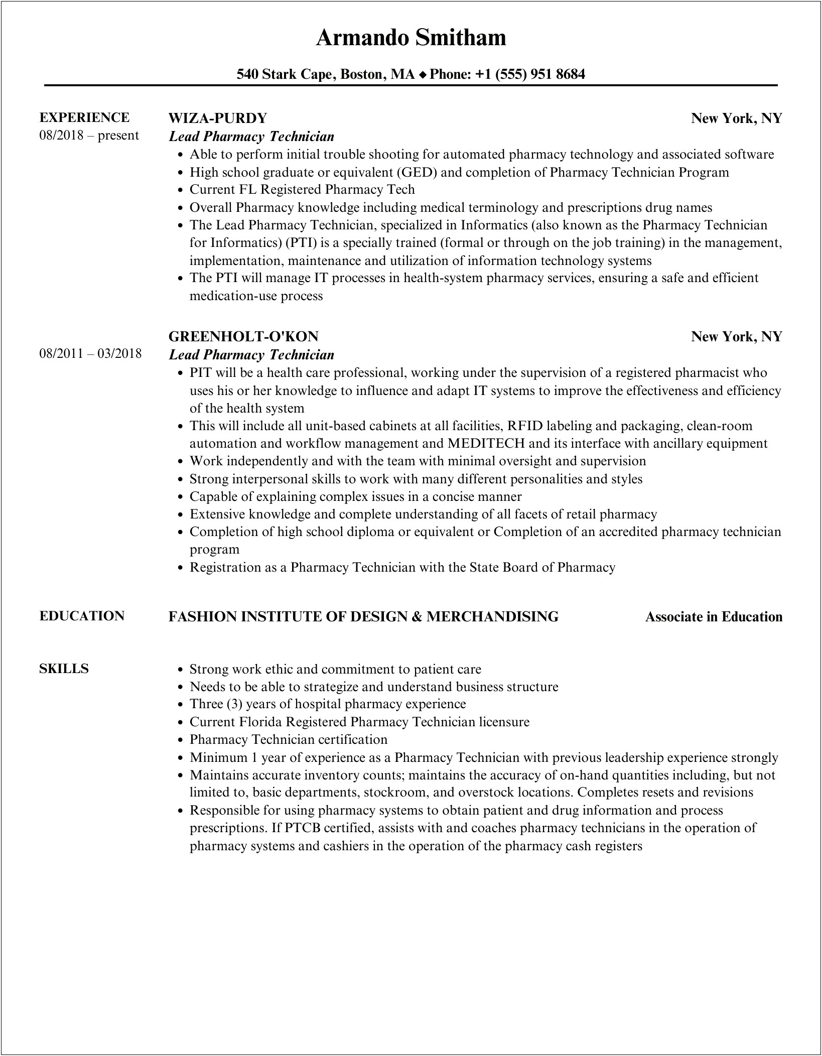 Sample Resume For Pharmacy Assistant Without Experience