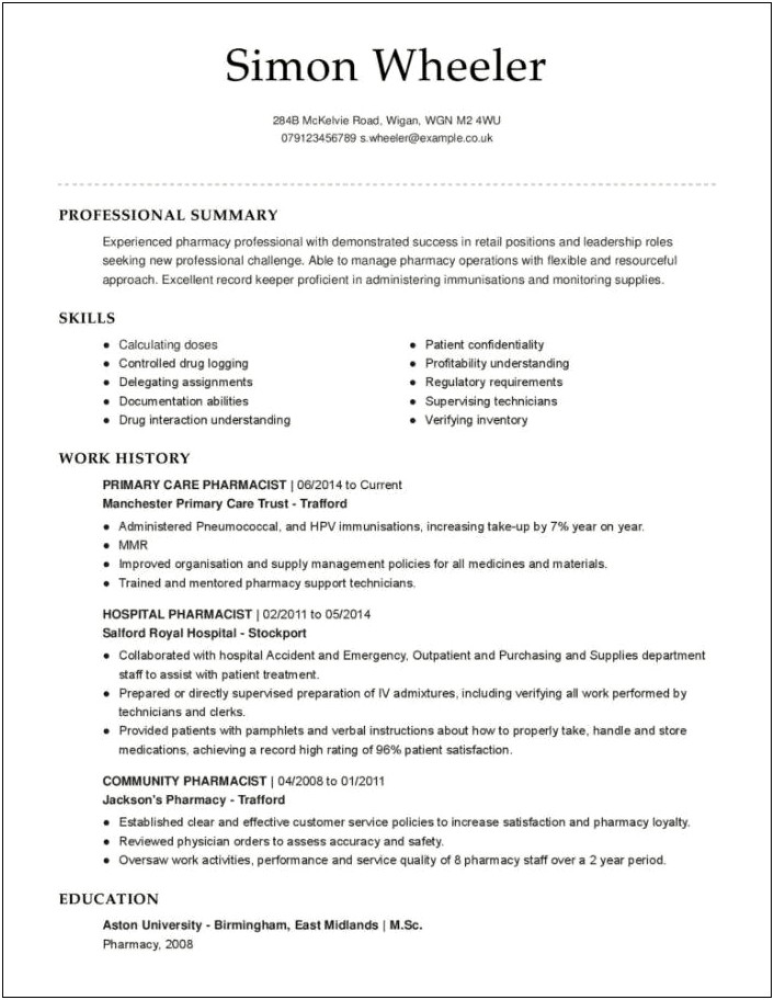 Sample Resume For Pharmacy Operations Manager