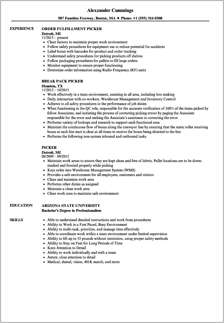 Sample Resume For Picker Packer Jobs