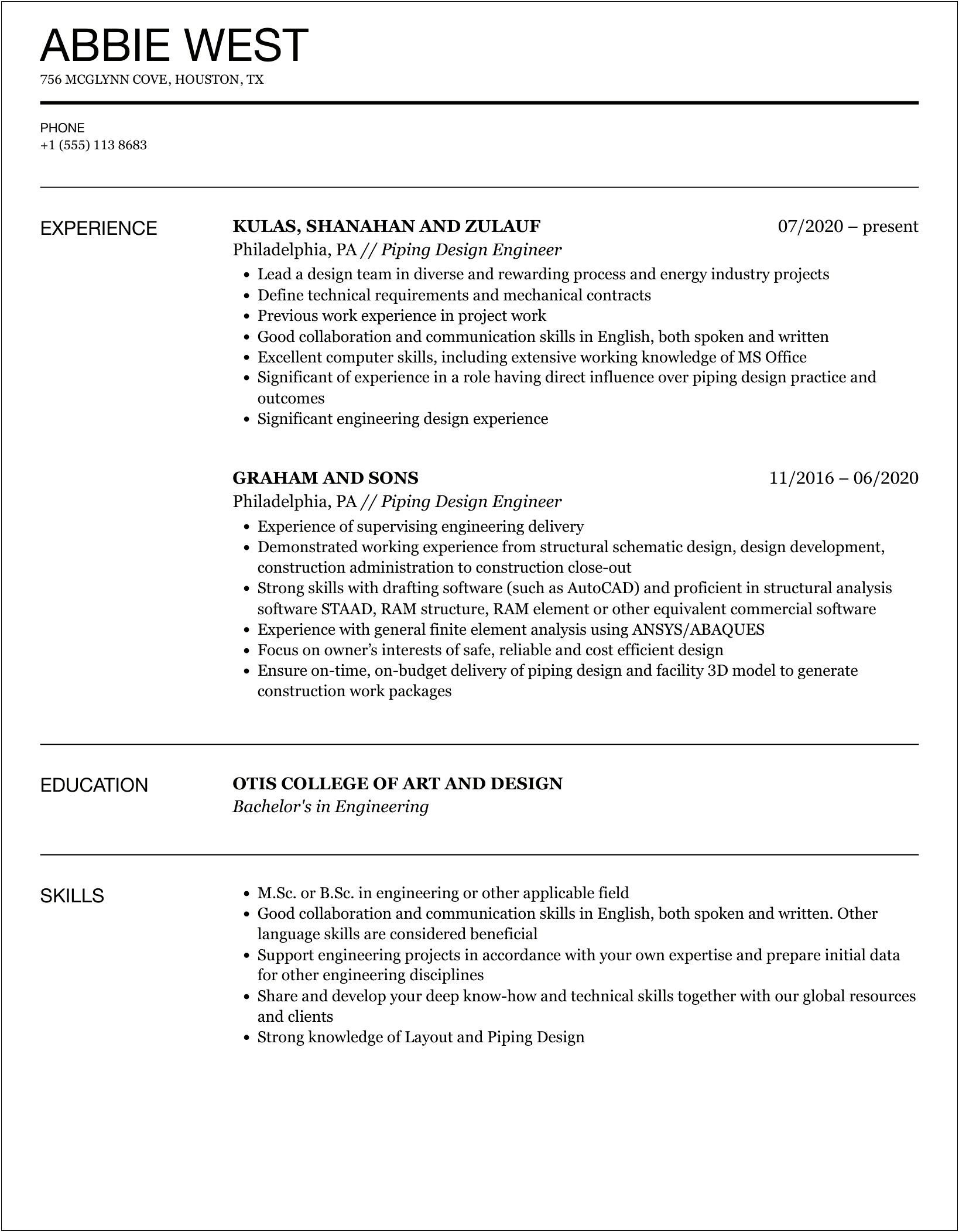 Sample Resume For Piping Design Engineer