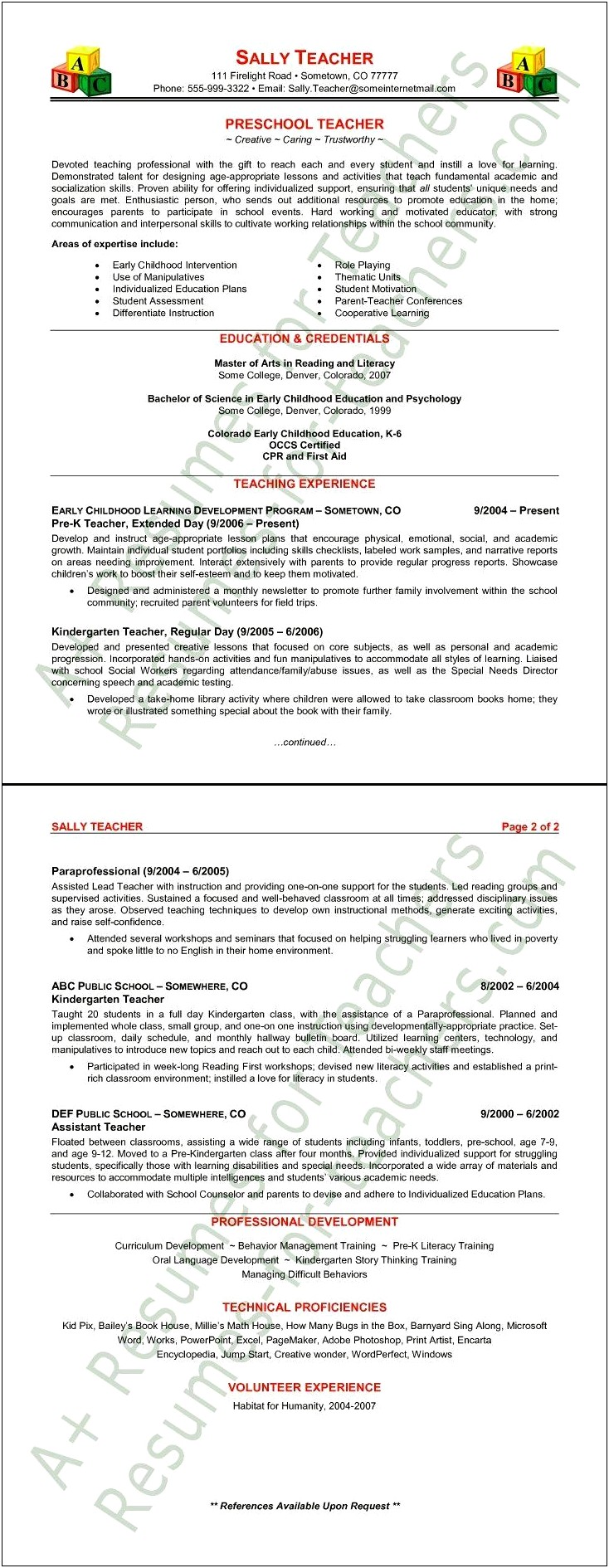 Sample Resume For Pre Primary School Teacher