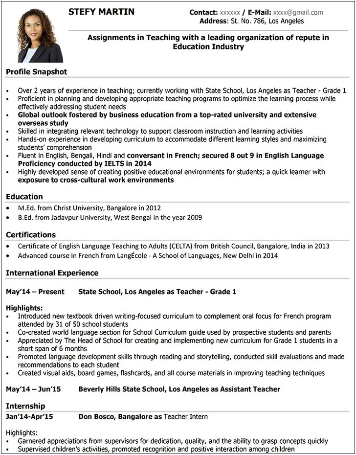 Sample Resume For Preschool Teacher India