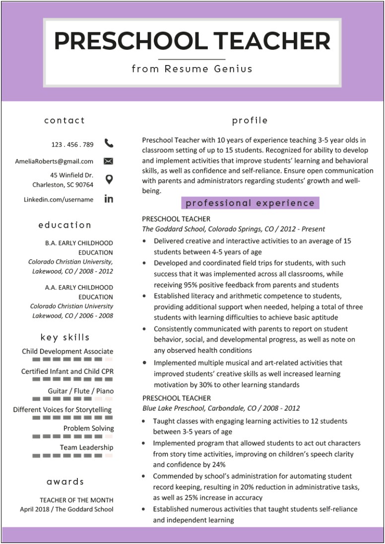 Sample Resume For Preschool Teacher With No Experience