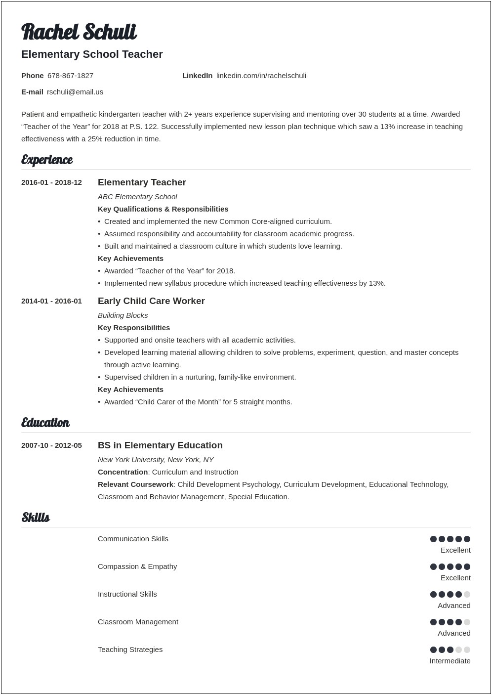 Sample Resume For Primary School Teacher With Experience