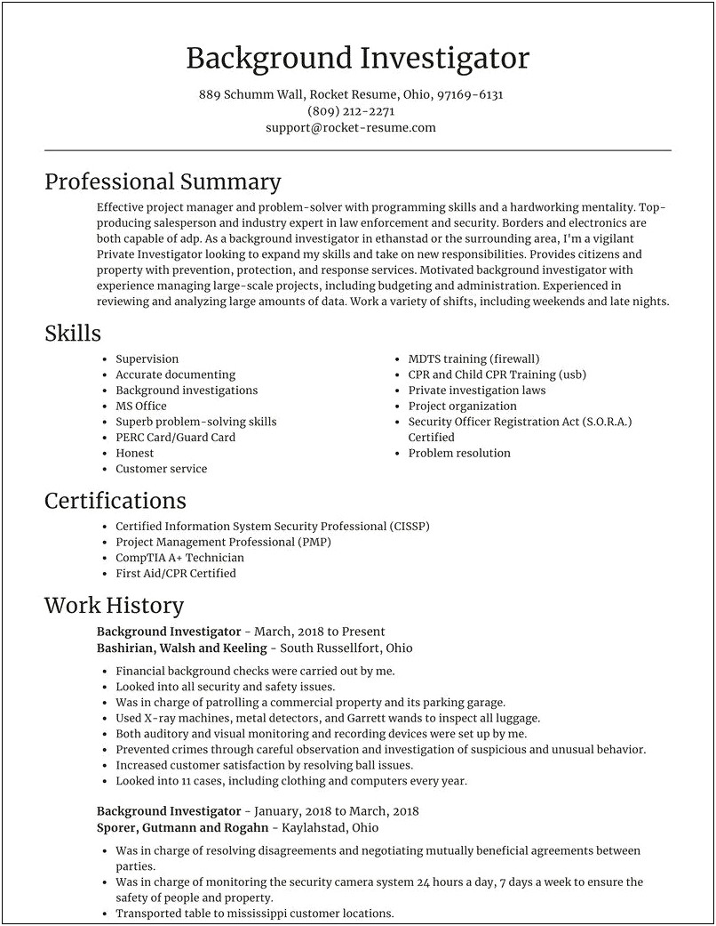Sample Resume For Private Investigator Job