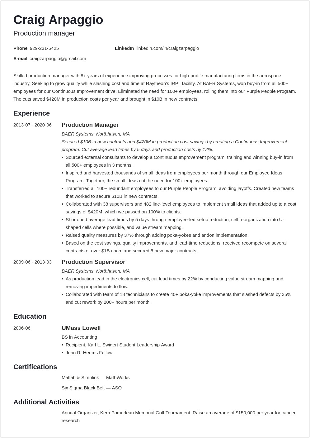 Sample Resume For Production Planning And Control Manager