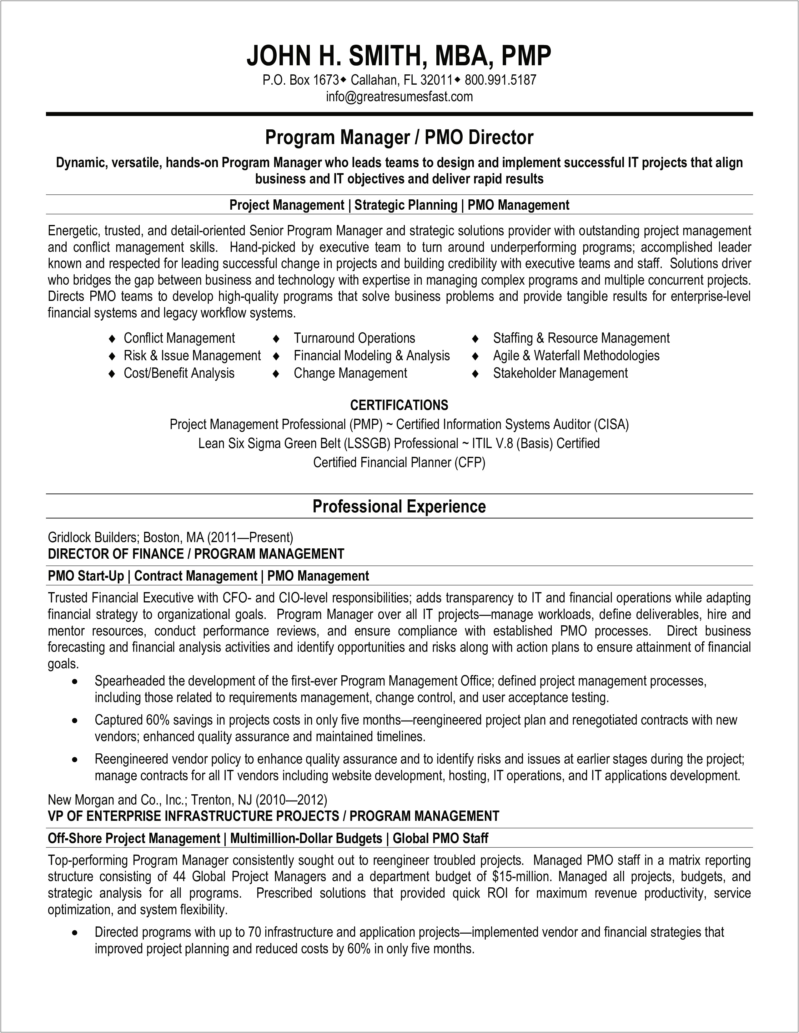 Sample Resume For Program Manager Position