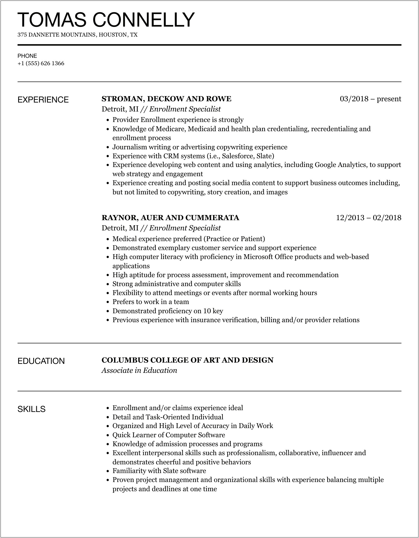 Sample Resume For Provider Enrollment Specialist